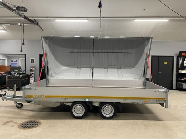 Iso lavettiperäkärry kuomulla 2700kg Eduard Flatbed 180×406x30cm Traileman konelavetti myynti
