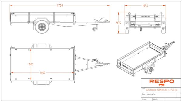 Jarrullinen peräkärry 1500kg, 150x300x42cm, Respo 1500M301L150-42 PLH - Image 4