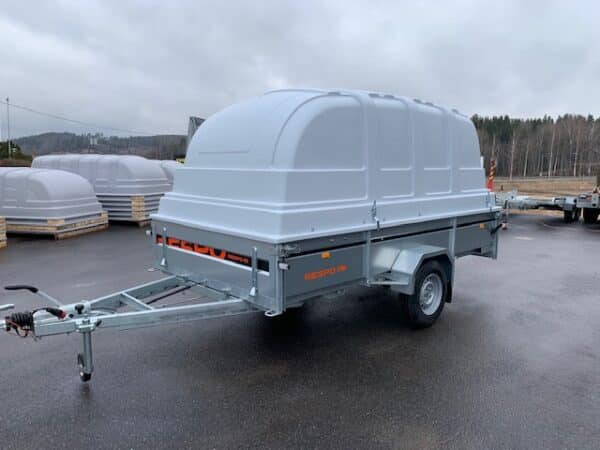 Jarrulliset peräkärryt kuomulla 1500kg Respo 1500M351L186-42 kipillä 185x350x42cm Trailerman kuomukärry myynti