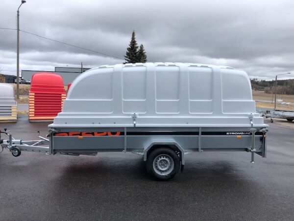 Jarrullinen kuomu peräkärri tarjous 1500kg Respo 1500M411L186-42 kipillä 185x410x42cm Trailerman kuomukärry asennus