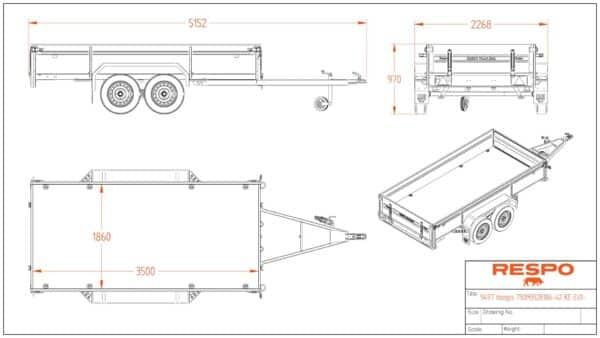 750 kg kantavuus, Respo jarruton peräkärry malli 750M352B186-42, mitat 185x350x42 cm, keinutelillä – edullinen ja luotettava perävaunu Trailerman peräkärry verkkokauppa